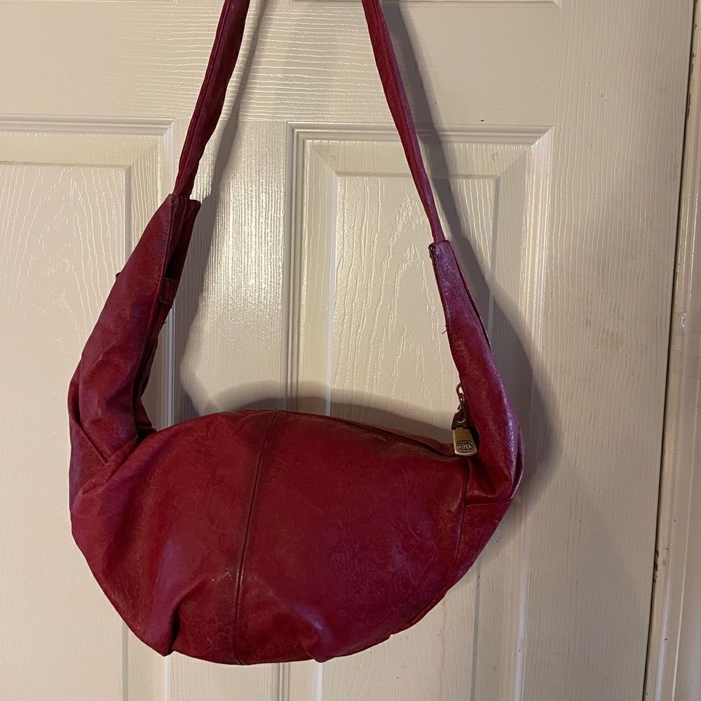 Great American Leather works Cherry red leather embossed knot shoulder bag.